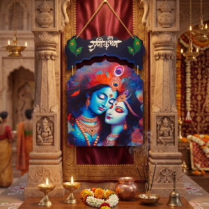Divine Radha Krishna "Jai Shree Krishna" Wall Hanging – Modern Neon-Blue Spiritual Home Decor