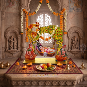 Bal Gopal Ladoo Gopal Peacock Palna – 3D Wooden Standing Cradle with Yashoda & Nanda Baba