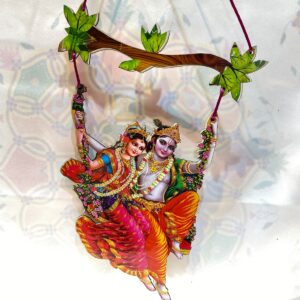 Radha Krishna Jhulan Lila Hanging Decor – Traditional Vrindavan Swing Wooden Wall Art