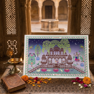 “Divine Vrindavan Courtyard – Handcrafted Pichwai Art”